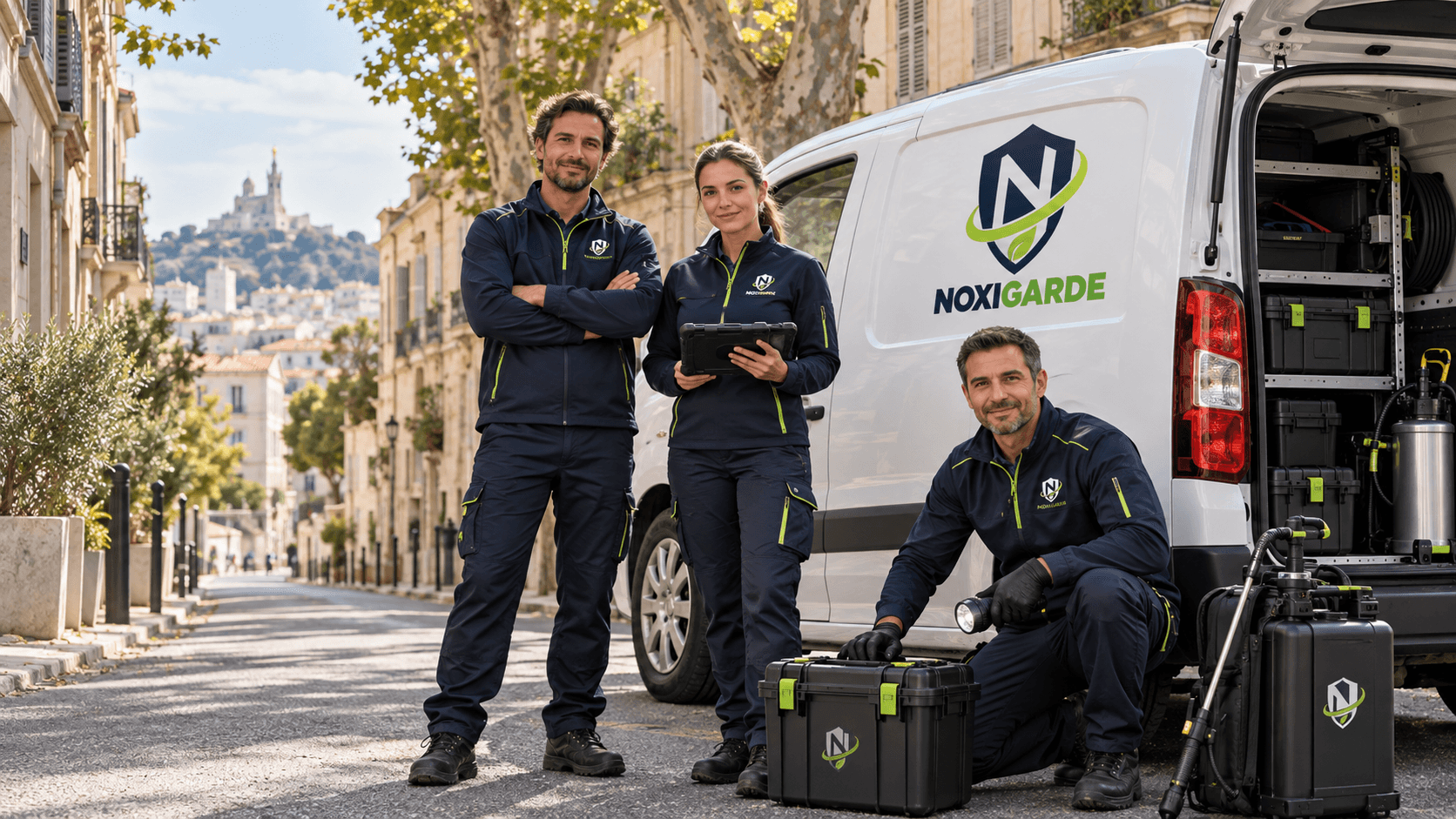 Équipe Noxigarde et véhicule d’intervention dans une rue de Marseille